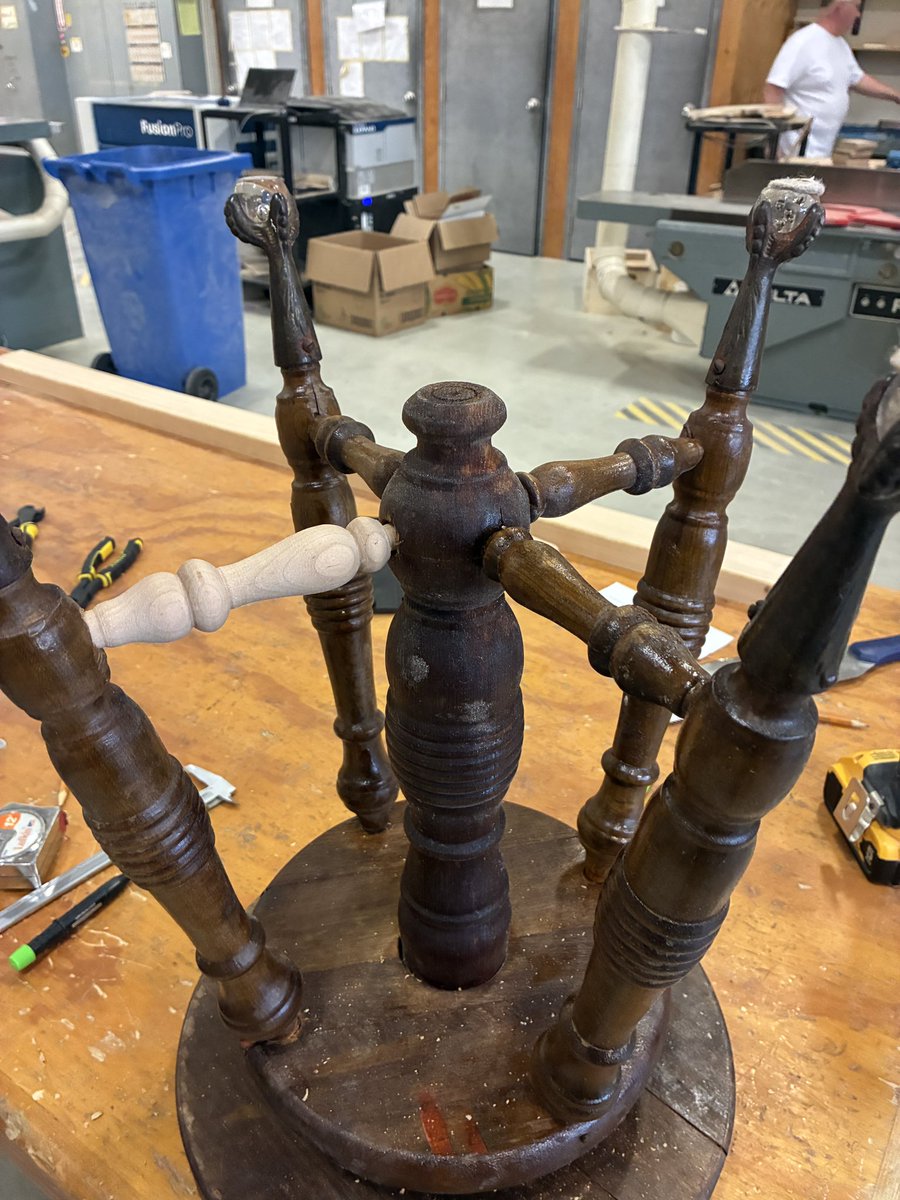 A last minute shop project from on of our <a href="/StPeterCSS/">St. Peter's C.S.S.</a> Grade 11 #woodworking students - turn a matching spindle from an antique piano stool - it looks amazing! #woodturning