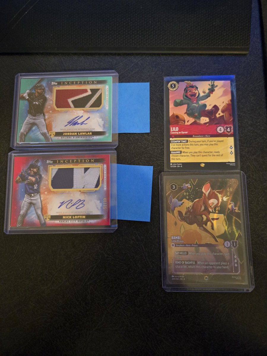 DHtradingcards's tweet photo. Pulls from 2 inception hobby boxes and 1 reign of jafar booster box from @BigNatesTC crazy how often i have big pulls from there.  Jordan lawlar /50 and nick loftin/75.  With an enchanted bambi. https://t.co/DZFwYUM9NG