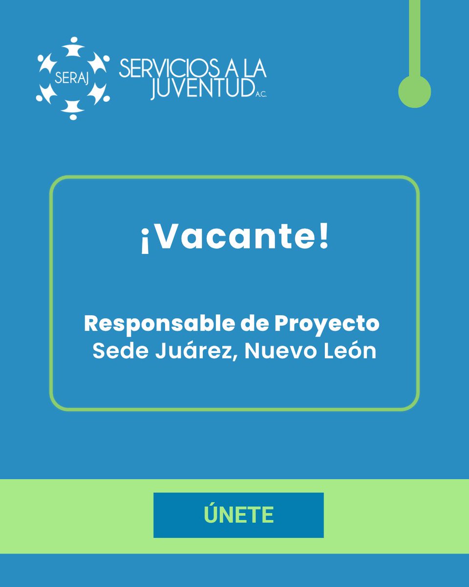 #VACANTE: Responsable de Proyecto - Juárez, N.L.
En SERAJ buscamos persona Responsable de Proyecto para impactar positivamente la vida de las personas jóvenes. Si tienes experiencia en gestión de proyectos y formación, ¡postúlate! 
🔗 Más info: bit.ly/4jZ9YxB
#SomosSERAJ