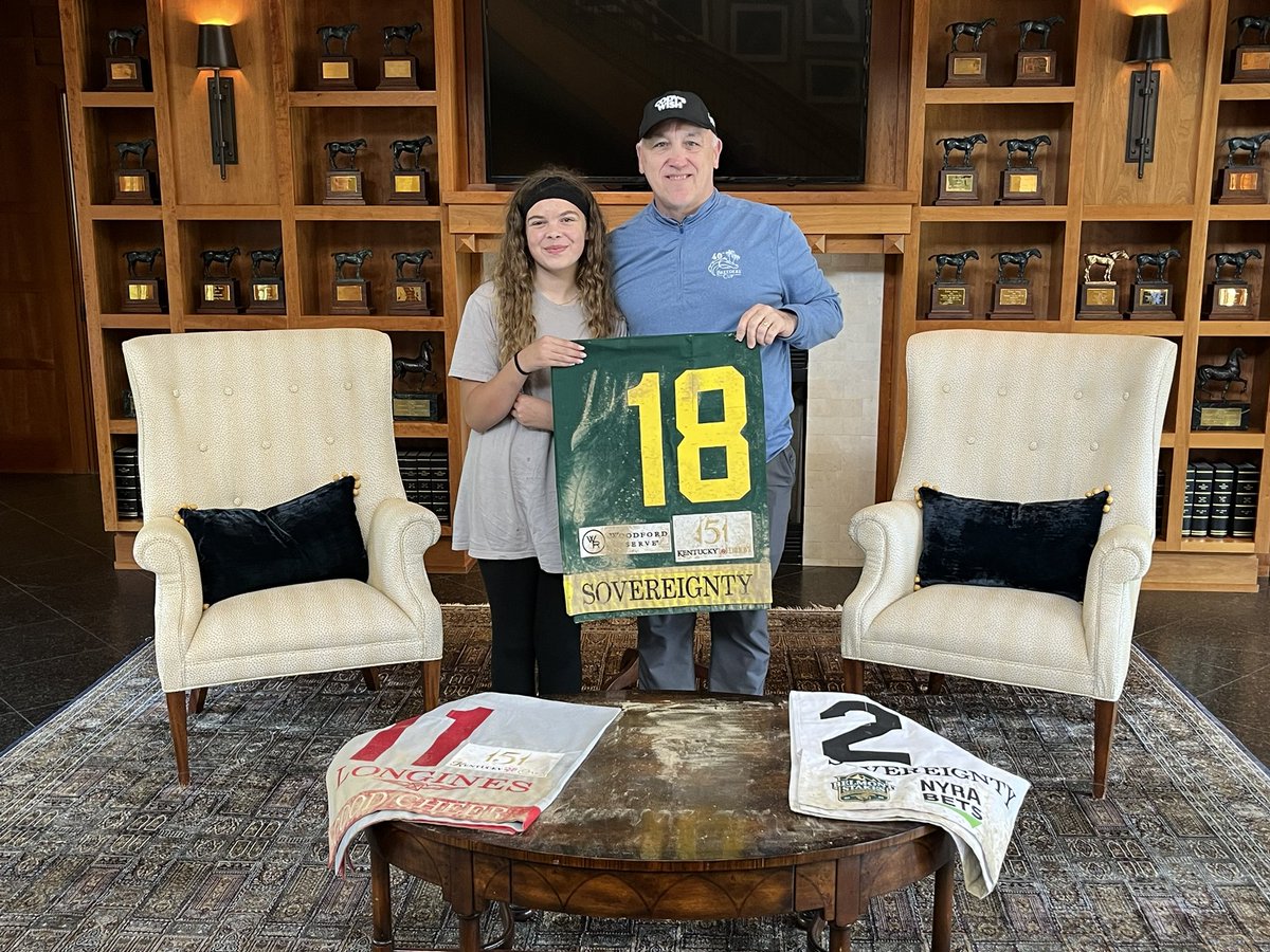 pkhcomm's tweet image. For those who may have been on the Sovereignty bandwagon, I had the great pleasure of holding his Kentucky Derby saddle cloth today with the Churchill dirt still on it, joined by Kylie Dorman, my favorite.