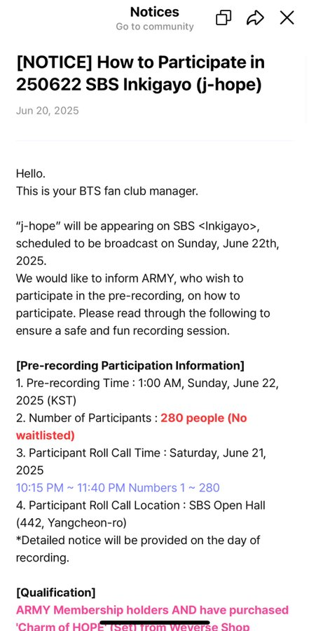 OMG....SBS Inkigayo prerecording on Sun, June 22nd! it will be held at 1AM in the middle of the night. Hobi works so hard for us😭 and armys attending the event, too!