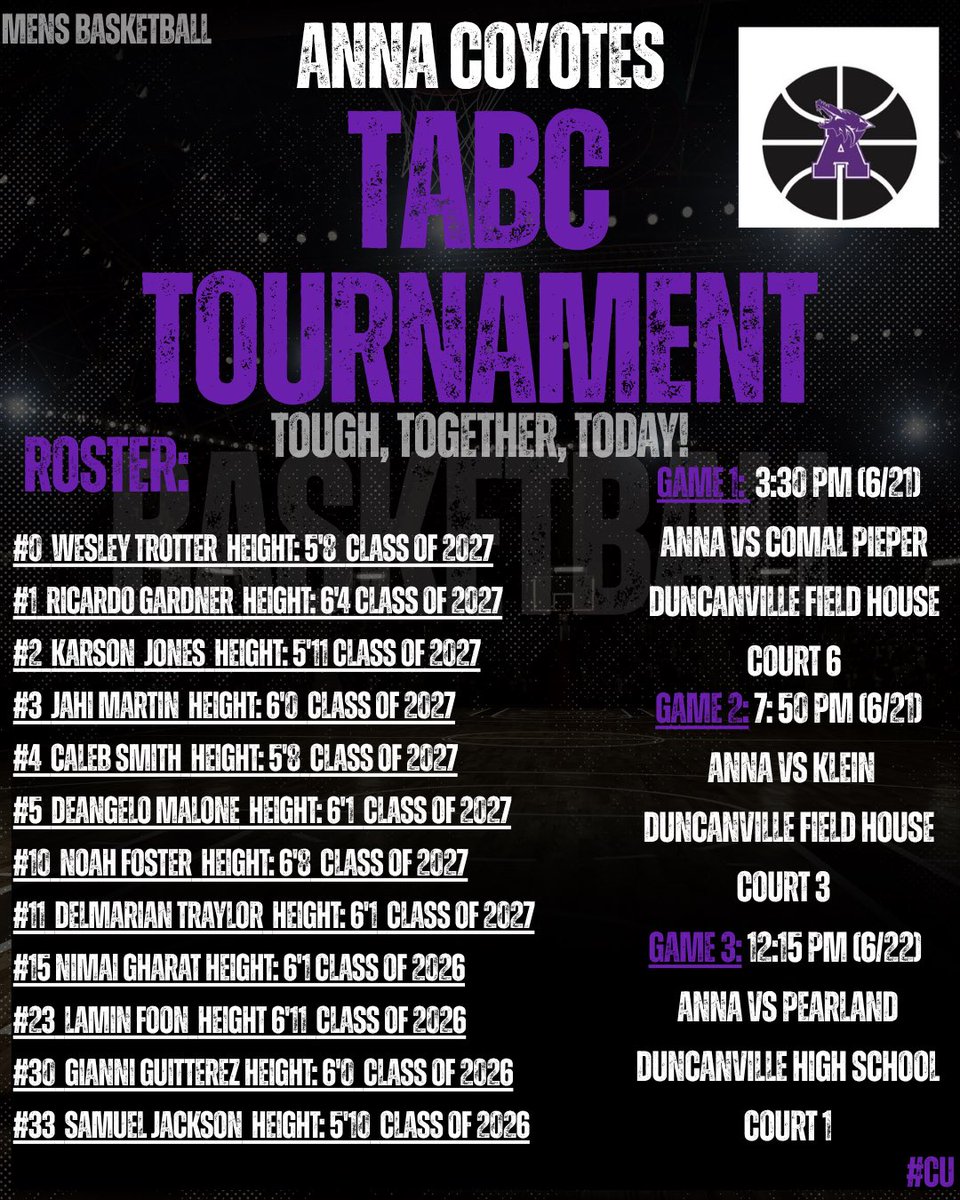 Coaches our schedule on the pdf you received from TABC is wrong. Our game times are listed below as well as our roster! We have players for all levels in both 2026 and 2027!!! Tough, Together, Today!!