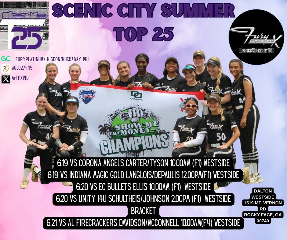 Come see us play in the Scenic City Top 25 this weekend!
@FPX14U <a href="/Vol_Softball/">Tennessee Softball</a> <a href="/GoMocsSB/">Chattanooga Softball</a> <a href="/AppStateSB/">App State Softball</a> <a href="/UKsoftball/">Kentucky Softball</a> <a href="/AlabamaSB/">Alabama Softball</a> <a href="/AuburnSoftball/">Auburn Softball</a> <a href="/OleMissSoftball/">Ole Miss Softball</a> <a href="/MT_Softball/">Middle Tennessee Softball</a> <a href="/UAHCoachLes/">Les Stuedeman</a> <a href="/ETSUSoftball/">ETSU Softball</a> <a href="/WKUSoftball/">WKU Softball</a> <a href="/GaTechSoftball/">Georgia Tech Softball 🥇🥇🥇🥇🥇</a> <a href="/UGASoftball/">Georgia Softball</a> <a href="/clemsonsoftball/">Clemson Softball 🥎</a> @gamecocksoftball