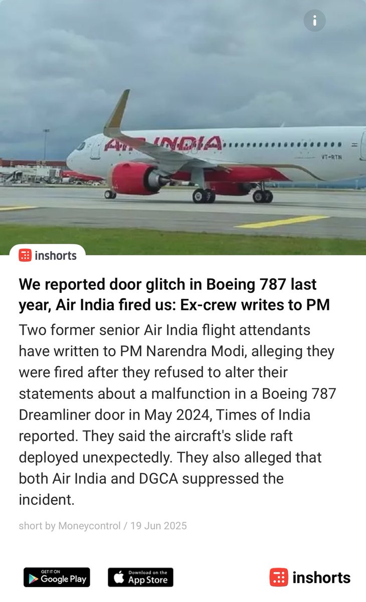⁦<a href="/TataCompanies/">Tata Group</a> ⁦<a href="/airindia/">Air India</a>⁩ We reported door glitch in Boeing 787 last year, Air India fired us: Ex-crew writes to PM. Is this an ethical company?
shrts.in/D3JCj
 -via inshorts