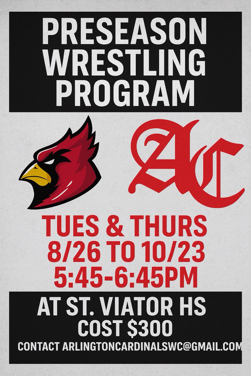 We will be hosting a preseason session for beginner/intermediate wrestlers this fall. 

We will again be partnering with The Wrestling Academy for an elite preseason session. More info to follow.

Register now to get ready for a great 25/26 season! 

forms.gle/AcGBYMBxXgEXz9…