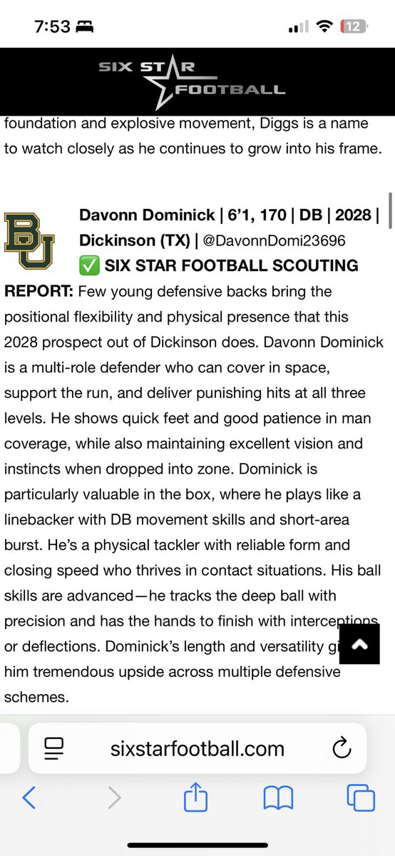 DavonnDominick (@davonndomi23696) on Twitter photo Thank you <a href="/sixstarfootball/">Six Star Football | PLUS+</a> for recognizing my talent <a href="/BUFootball/">Baylor Football</a>
<a href="/DickinsonFB/">DHSGatorFB</a> <a href="/coachs/">coachs</a>
<a href="/CoachTGuidry/">Coach Guidry</a> Thank you <a href="/sixstarfootball/">Six Star Football | PLUS+</a> for recognizing my talent <a href="/BUFootball/">Baylor Football</a>
<a href="/DickinsonFB/">DHSGatorFB</a> <a href="/coachs/">coachs</a>
<a href="/CoachTGuidry/">Coach Guidry</a>