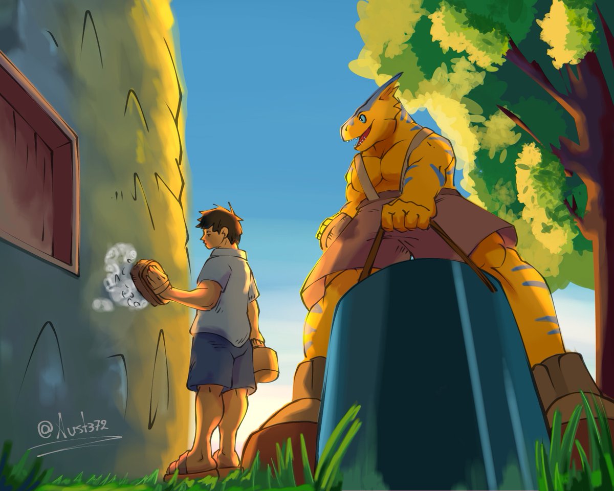 Aust372's tweet image. Taking advantage of the fact that I was practicing perspective, I decided to bring in the duo, who are calmly cleaning the house!

#tigrex #MonsterHunter
#furryartworks