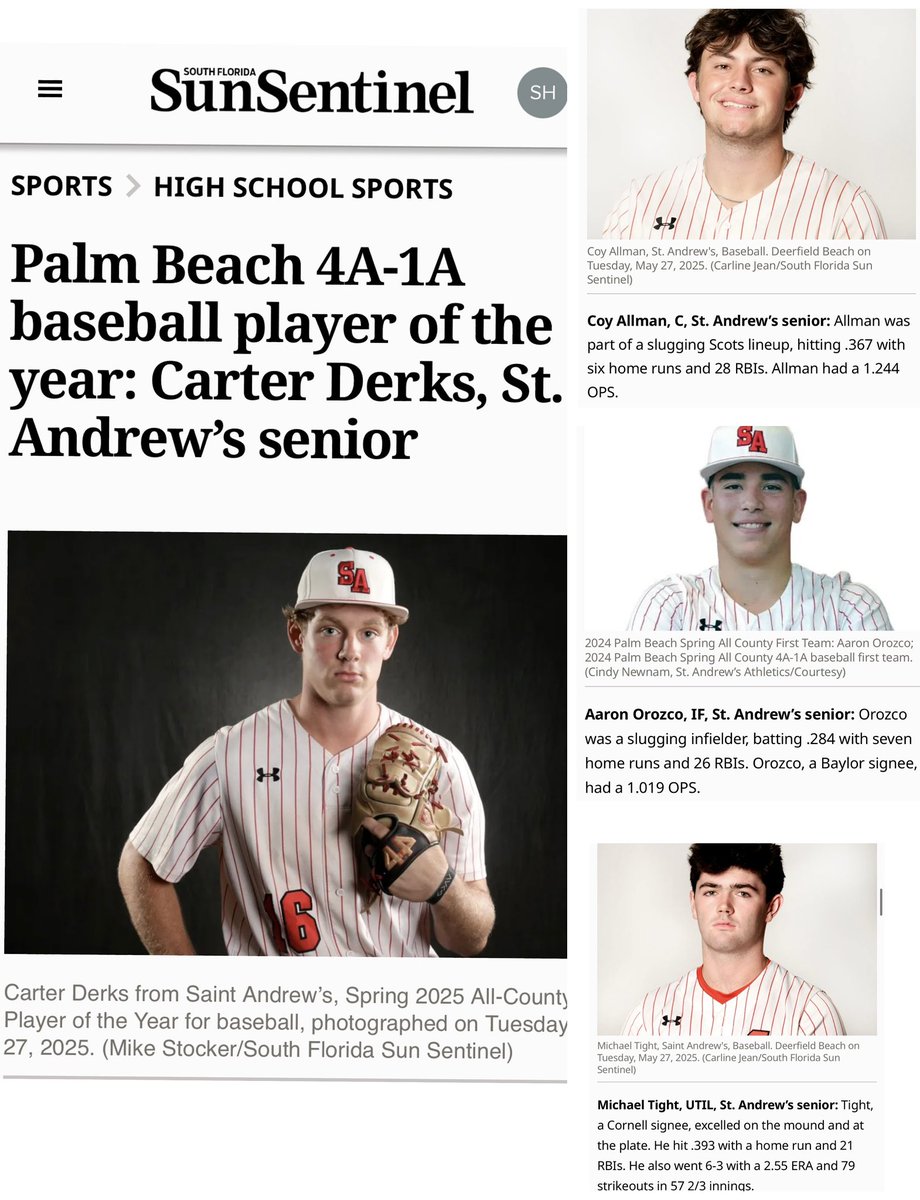 Scottie Boys Baseball (@scottieboys561) on Twitter photo The last publication is out! 4 Scots earn First Team All-County honors from The Sun Sentinel 4A-1A! Congrats to these 4!
<a href="/CarterDerks16/">Carter Derks</a> FAU
<a href="/mtight04/">Michael Tight</a> Cornell
<a href="/AaronOrozco79/">Aaron Orozco</a> Baylor
<a href="/CoyAllman/">Coy Allman</a> Towson The last publication is out! 4 Scots earn First Team All-County honors from The Sun Sentinel 4A-1A! Congrats to these 4!
<a href="/CarterDerks16/">Carter Derks</a> FAU
<a href="/mtight04/">Michael Tight</a> Cornell
<a href="/AaronOrozco79/">Aaron Orozco</a> Baylor
<a href="/CoyAllman/">Coy Allman</a> Towson