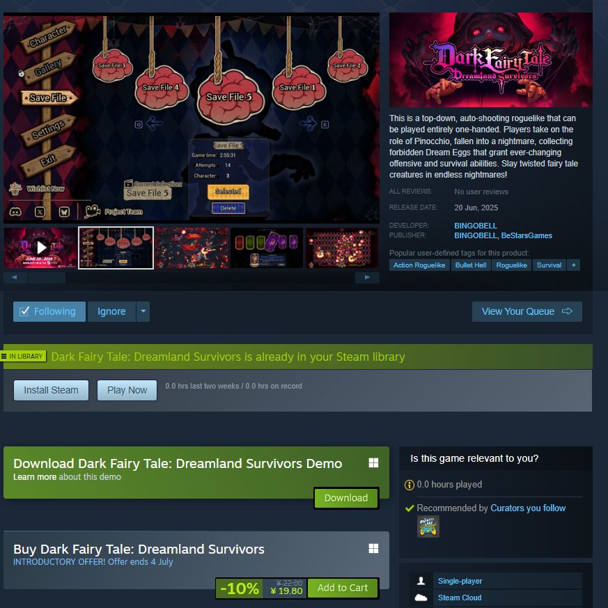 BeStarsGames's tweet image. Dark Fairy Tale: Dreamland Survivors is out now! 🎉
Huge thanks to everyone who supported us, we're kicking things off with a 2-week launch discount!
What are you waiting for? Become the Pinocchio and unleash chaos in the nightmare! 💥🪓
#indiegame #Steam #Rogue #Roguelike