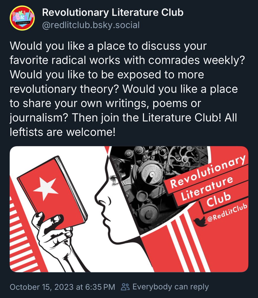 Solidarity_Star's tweet image. Of all the work I have done so far, I am probably most proud of the @redlitclub.bsky.social a nonsecterian, kickass space for Leftists to learn and grow. If you are following me I strongly suggest following the club account on BlueSky too.
bsky.app/profile/redlit…