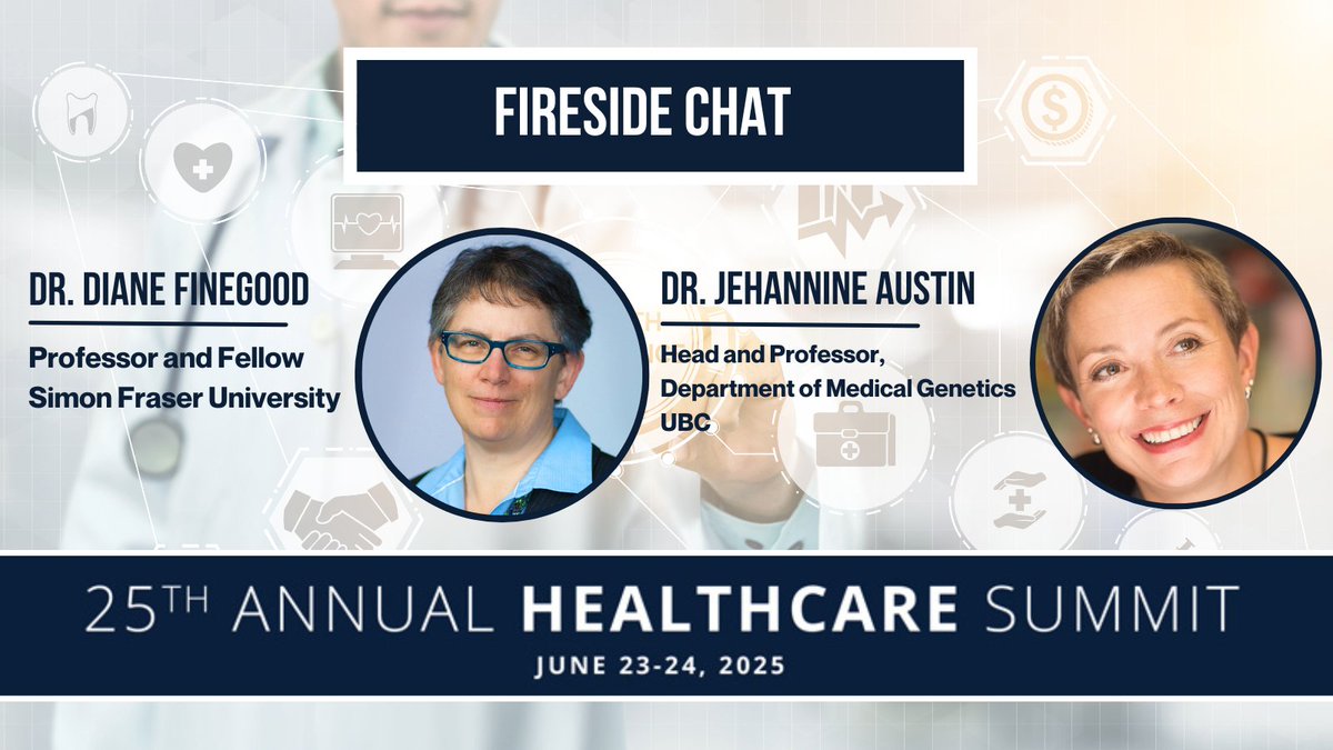 📣 Don’t miss this Fireside Chat:
 "Navigating Genomics, AI &amp; Healthcare in Challenging Times"
🧬 Dr. Diane Finegood (SFU)
🧬 Dr. Jehannine Austin (UBC)

📍 #HCS25 | Vancouver | June 23–24
🎟 Register: healthcaresummit.ca

#Genomics #HealthInnovation #HealthcareSummit
