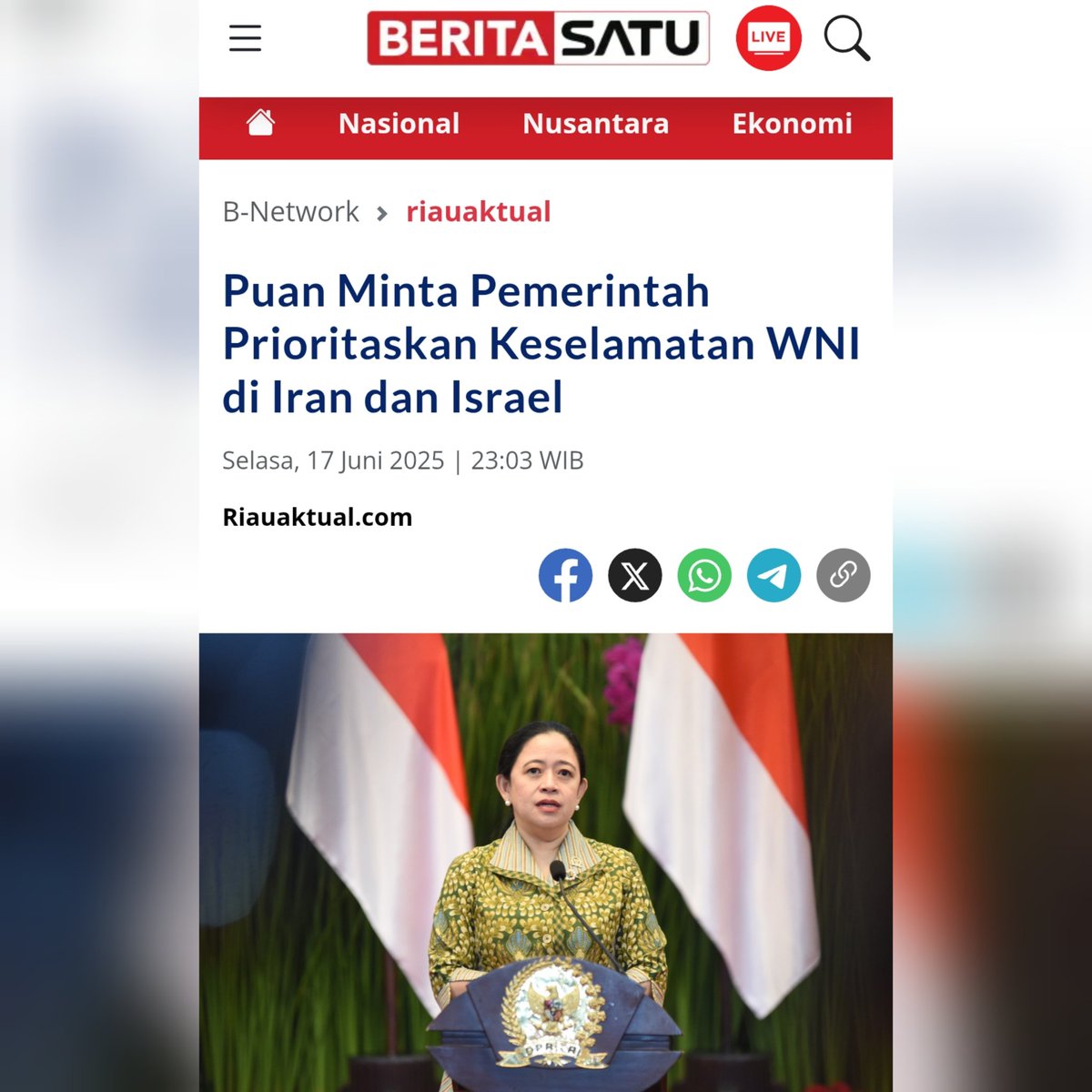 Denni Sauya (@denni_sauya) on Twitter photo Puan Maharani: Keselamatan WNI harus menjadi prioritas.
Ketua DPR RI <a href="/puanmaharani_ri/">Puan Maharani</a> mendorong Pemerintah u/ terus memantau dan memastikan keselamatan Warga Negara Indonesia (WNI) yang berada di wilayah konflik di Iran dan Israel. Puan Maharani: Keselamatan WNI harus menjadi prioritas.
Ketua DPR RI <a href="/puanmaharani_ri/">Puan Maharani</a> mendorong Pemerintah u/ terus memantau dan memastikan keselamatan Warga Negara Indonesia (WNI) yang berada di wilayah konflik di Iran dan Israel.