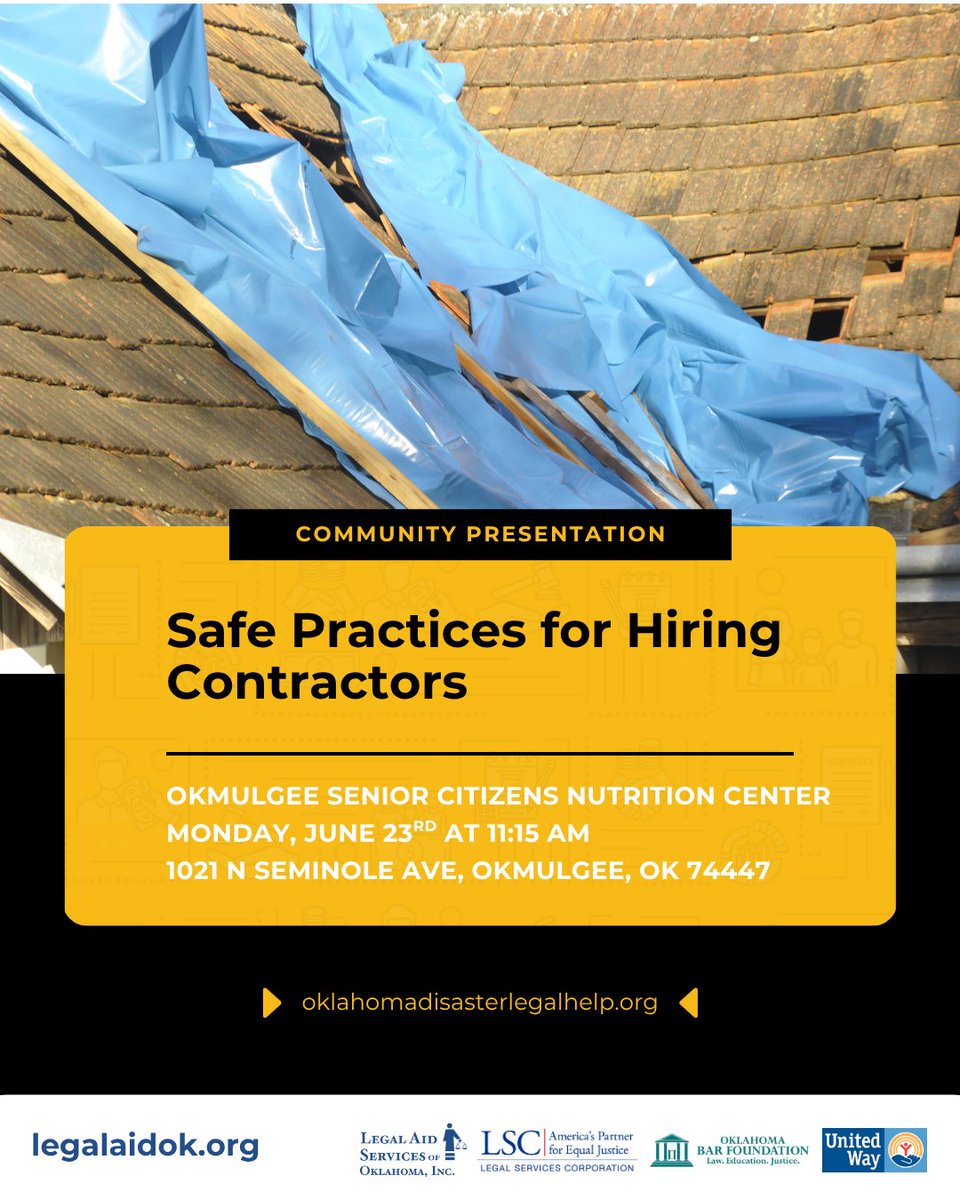 📢 FREE Disaster Recovery Presentations Monday, June 23rd at Okmulgee Senior Nutrition Center. ⁣ 

Learn how disasters can impact you—and the key steps to recovery, including safe practices for hiring contractors. ⁣ 

More info on disaster recovery at oklahomadisasterlegalhelp.org!⁣