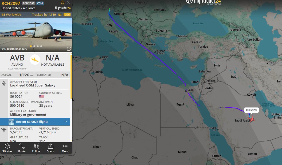 USAF C-5M Super Galaxy landing at Prince Sultan Air Base this morning, with a large amount of cargo in tow.