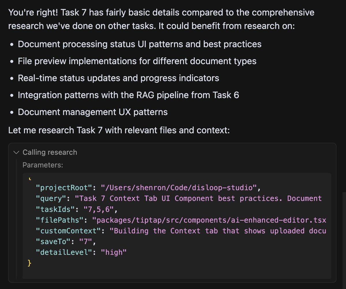 lol the agent using research mid-chat is completely next level

not only is the agent challenging its own assumptions

it's correctly picking and sending over all the code context needed to <a href="/perplexity_ai/">Perplexity</a> or <a href="/grok/">Grok</a> for a helpful response

saved directly to the task details