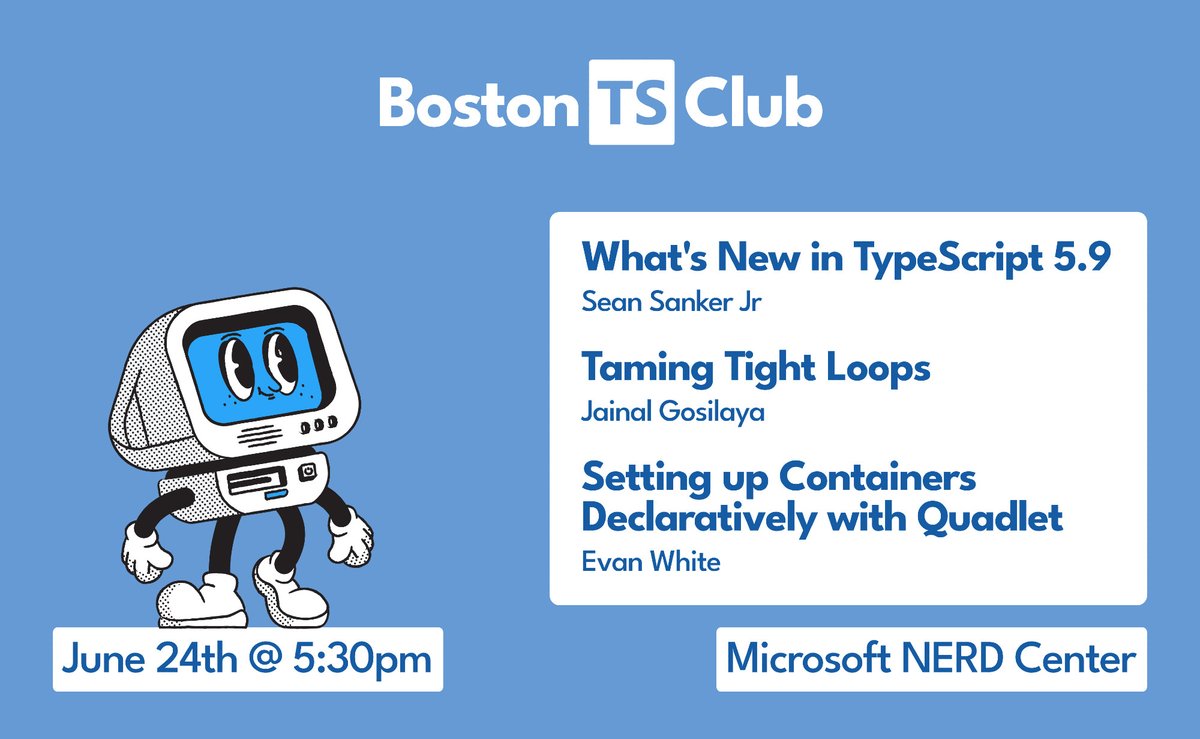 🙌 We've got a jam-packed meetup for you all next week! TypeScript, event loops, containers, and all sorts of wonderful details therein.

Tuesday, June 24th at the Microsoft NERD center. We're looking forward to seeing you all there!

🔗👇
