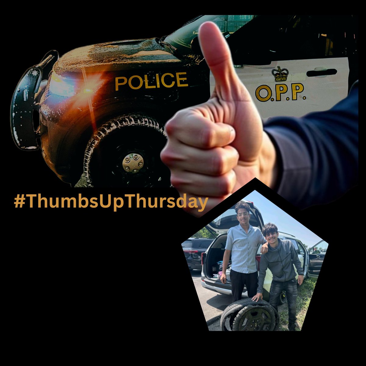 OPP_WR's tweet photo. This week's #ThumbsUpThursday is a shout out to these Good Samaritans who changed a tire on the side of Hwy 401 for a total stranger. The #OxfordOPP officer who stopped to assist wanted to share this experience to remind everyone in @OxfordCounty that #actsofkindness truly can make a difference. #helpingothers #helpfulcommunities ^rc