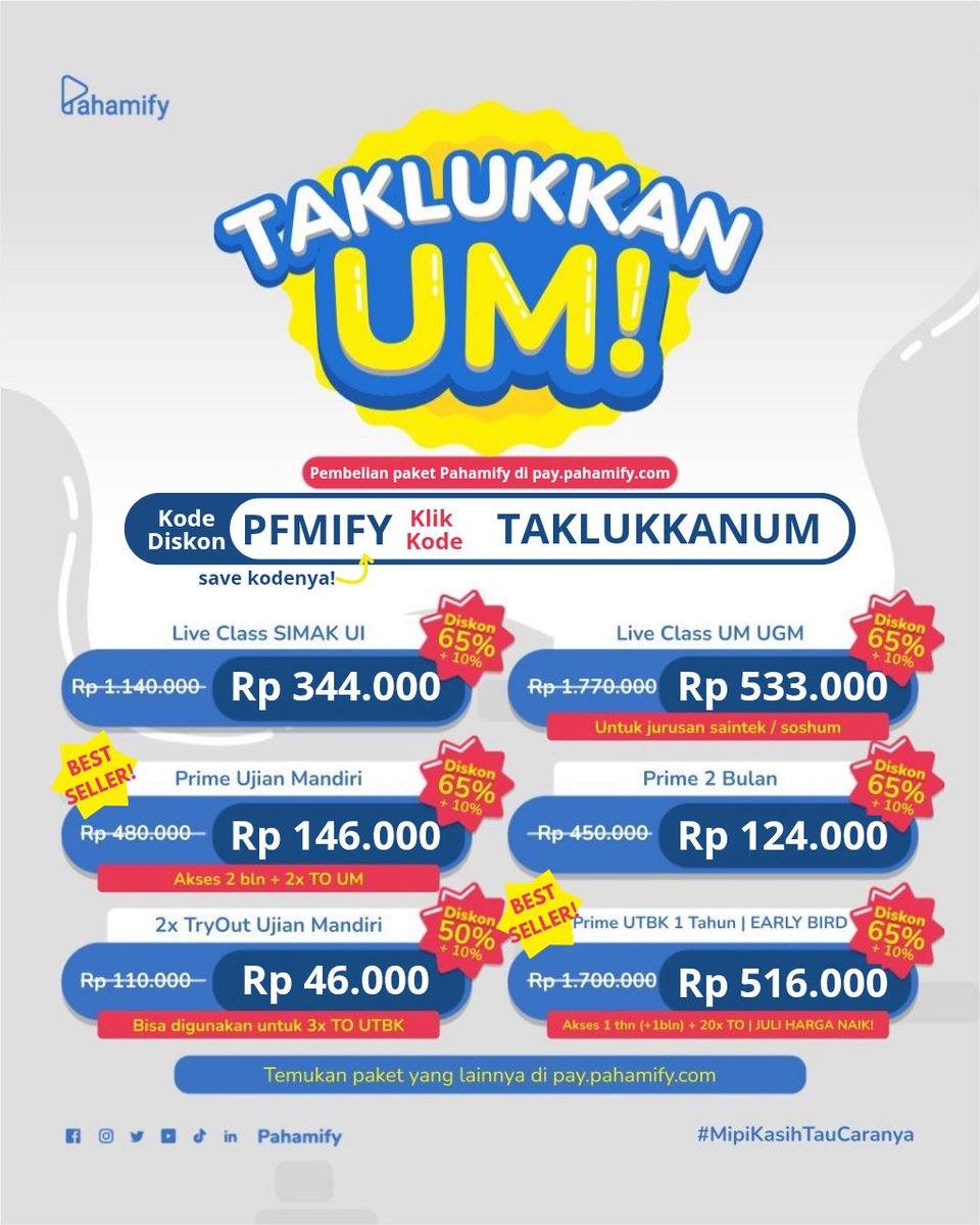 promomipy's tweet photo. 💥PROMO GRATIS 1 BULAN PAHAMIFY🤩💫🌙

Beli di https://t.co/ddNK0hvV2n &amp; pilih paket belajar, masukkan kode PFMIFY + klik TAKLUKKANUM dapatkan diskon!  

✨️Save kode: PFMIFY🌻

t. mipy mipi mify bimbel online utbk snbt tryout studytwt referral to mandiri ujian um https://t.co/B3vLHa6qhF