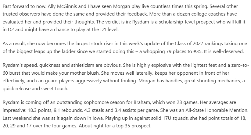 Opportunity 10 North (@opp10north) on Twitter photo Giant rise in the rankings for guard <a href="/MorganRysdam/">Morgan Rysdam</a> !! We are SO proud of you and so happy that colleges are seeing you now! Morgan is an amazing player and an even better teammate. Keep up the hard work Morgan! <a href="/PGHMinnesota/">Prep Girls Hoops Minnesota</a> <a href="/GMacHoops/">Grant McGinnis</a> Giant rise in the rankings for guard <a href="/MorganRysdam/">Morgan Rysdam</a> !! We are SO proud of you and so happy that colleges are seeing you now! Morgan is an amazing player and an even better teammate. Keep up the hard work Morgan! <a href="/PGHMinnesota/">Prep Girls Hoops Minnesota</a> <a href="/GMacHoops/">Grant McGinnis</a>