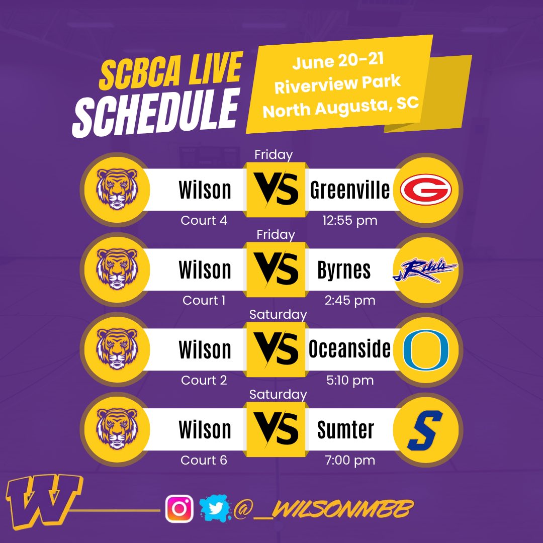 🔥 SCBCA LIVE IS HERE! 🔥
Your Wilson Tigers are headed to North Augusta, SC for a weekend full of action at Riverview Park! 🏀💪

📅 June 20-21
📍 Riverview Park
Come catch us in action:

Let’s get it, Tigers! 🐅💜💛
#WilsonMBB | #SCBCALive | #TigerPride |