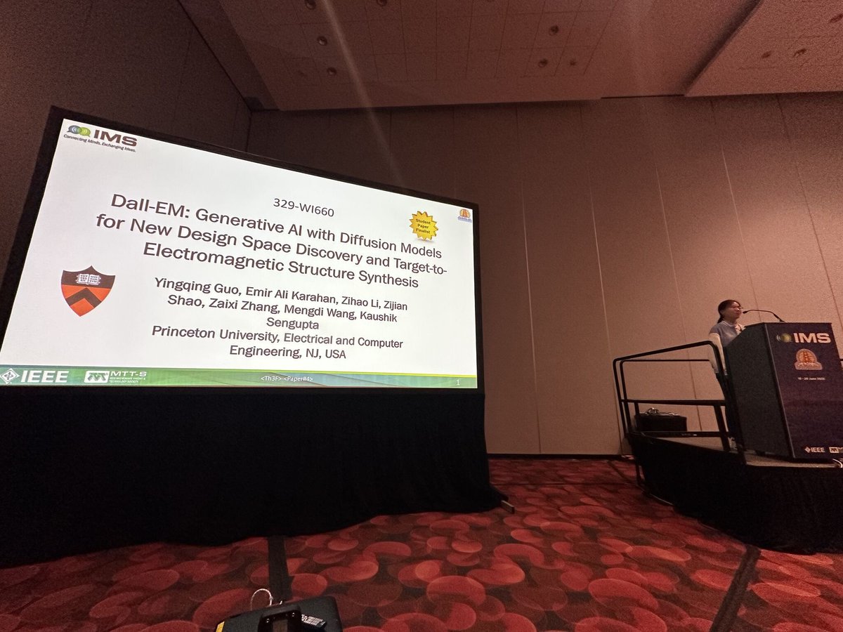 MengdiWang10's tweet image. Full house at the AI-for-RFIC session at @IEEE IMS—standing room only.
Huge congrats to @YingqingGuo , our second-year PhD student at @Princeton ECE & Princeton AI Lab @PrincetonAInews , who won 2nd place Best Paper Award for her work on diffusion-based RF chip design!
Coming…
