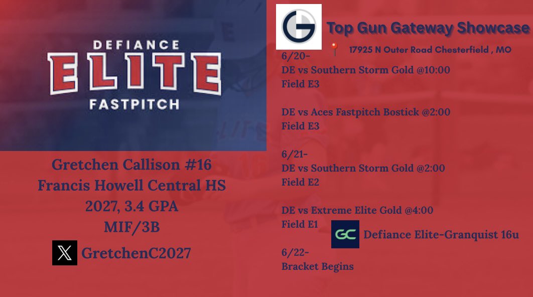 Gretchen Callison 2027 (@gretchenc2027) on Twitter photo Schedule for this Weekend! Come out and watch my team and I compete! Hope to see you there!
<a href="/DefianceElite/">Defiance Elite Fastpitch</a> <a href="/FHCSpartanSB/">Howell Central Softball</a> <a href="/TopGunEvents/">Top Gun Events</a> Schedule for this Weekend! Come out and watch my team and I compete! Hope to see you there!
<a href="/DefianceElite/">Defiance Elite Fastpitch</a> <a href="/FHCSpartanSB/">Howell Central Softball</a> <a href="/TopGunEvents/">Top Gun Events</a>
