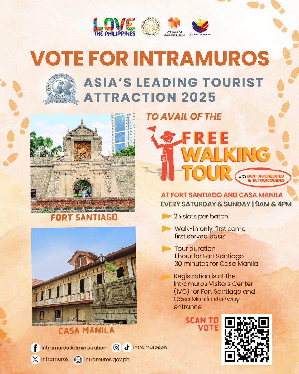 Explore the rich history of the Walled City this weekend by joining our FREE Walking Tours with DOT-accredited guides every Saturday and Sunday at Fort Santiago and Casa Manila!

To avail the free walking tours, simply VOTE for Intramuros as Asia’s Leading Tourist Attraction at