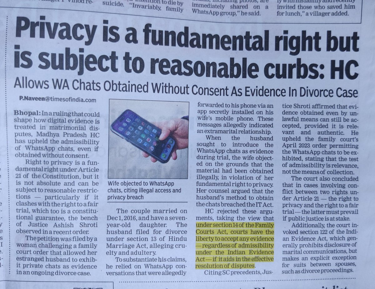 TechLawyerAjay's tweet photo. Illegally obtained WhatsApp chats admissible? 
India doesn’t follow the “Fruits of the Poisonous Tree” doctrine strictly
Even unlawfully collected evidence can be accepted if it’s relevant &amp; authentic.

#CyberLaw #Privacy #DigitalEvidence #IndianLaw #ITAct #LegalUpdate #law https://t.co/Py2MeSANOt