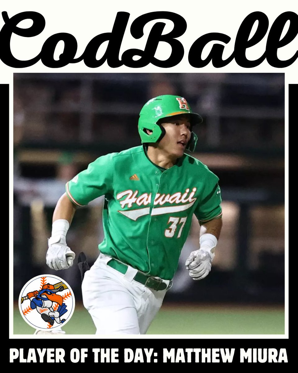 CodBall (@codball) on Twitter photo The CodBall Player of the Day is Matthew Miura (<a href="/HawaiiBaseball/">Hawaii Baseball</a>)
He went 3-4 with a double while collecting an RBI on the day. He also collected 2 walks, one stolen base, and one run scored for the <a href="/harborhawks/">Hyannis Harbor Hawks</a> The CodBall Player of the Day is Matthew Miura (<a href="/HawaiiBaseball/">Hawaii Baseball</a>)
He went 3-4 with a double while collecting an RBI on the day. He also collected 2 walks, one stolen base, and one run scored for the <a href="/harborhawks/">Hyannis Harbor Hawks</a>