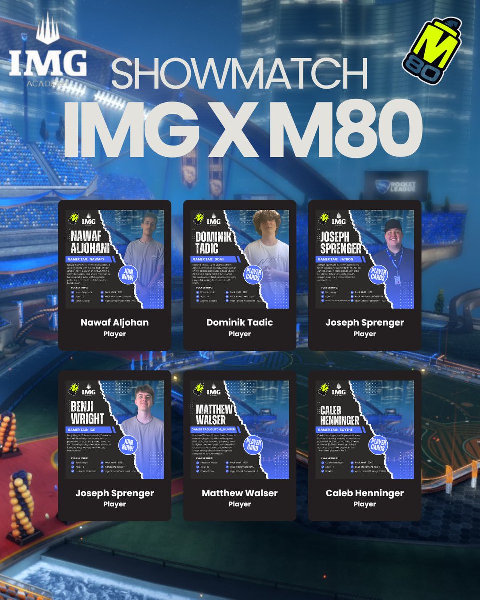 Announcing the <a href="/IMGAcademy/">IMG Academy</a> X <a href="/M80gg/">M80</a> Esports summer camp show-match Hosted by <a href="/AnoSpot/">Melekiym</a>!

Players featured in the cards below. The format is Best of 7, 3v3. Broadcasted on the Melekiym Twitch channel at 1:30 est June 20th, Link Below.⬇️