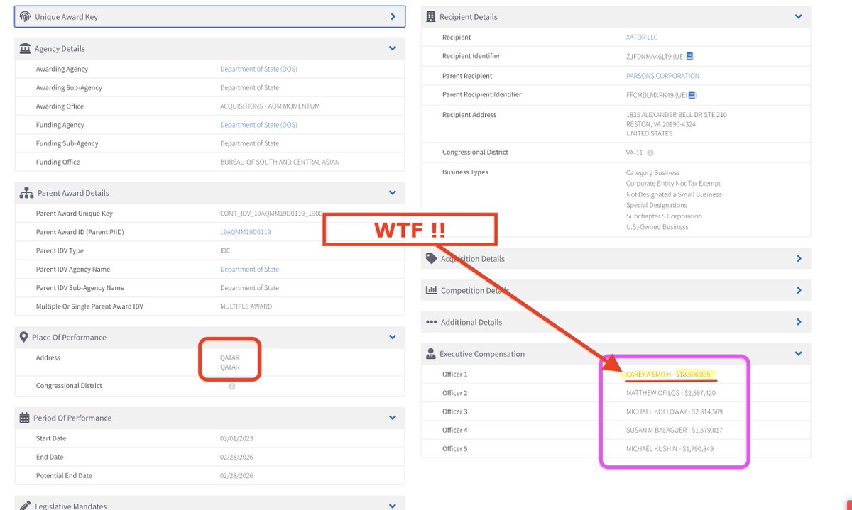 🚨 Yikes!!! $3,000,000,000.00 <a href="/StateDept/">Department of State</a> contract to Qatar based company for "Care logistical support". This is getting more absurd by the day. Check out the pay to "Officer 1" in the second screenshot. Criminals.
<a href="/DOGE_STATE/">DOGE State</a> <a href="/DOGECommittee/">DOGE Subcommittee</a> <a href="/SecRubio/">Secretary Marco Rubio</a> <a href="/DataRepublican/">DataRepublican (small r)</a> <a href="/Alladdin1983/">Alladdin</a>