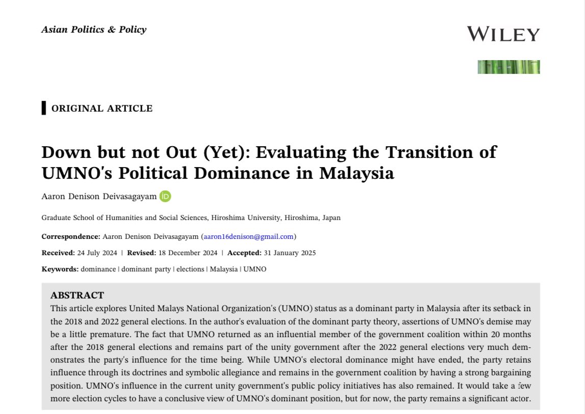 aaron16denison's tweet image. As news on former Prime Minister #NajibRazak and his DNAA involving SRC International floods the Malaysian media space, it is quite timely then for me to share my recent journal article published as part of my PhD research on #UMNO 
lnkd.in/g437fAPB 🧵 1/6