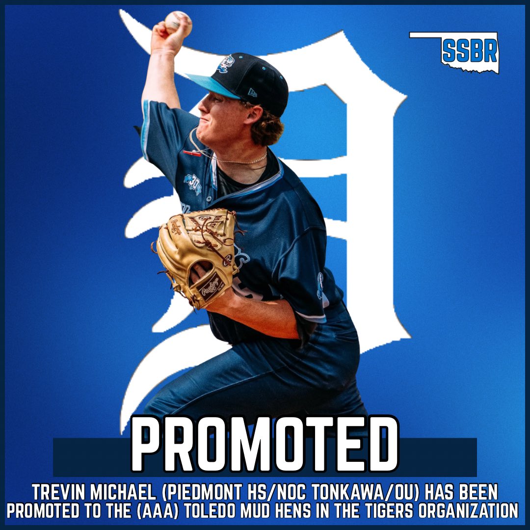 SoonerStateBSBL's tweet photo. Trevin Michael (Piedmont HS, NOC Tonkawa, OU) has been promoted to (AAA) Toledo in the Detroit Tigers organization

Michael’s line at A+ this year: 4-0, 3.10 ERA, 3 SV (3 SVO), 29 IP, 19 H, 11 R, 10 ER, 10 BB, 38

#SoonerStatePros https://t.co/0vI4H5j9qG