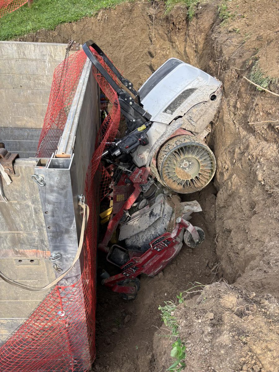 This is a commercial riding lawn mower that slid down a hill &amp; trapped the owner of a land mgmt company for nearly an hour. He was rescued by Florissant Fire Protection District firefighters who are good at thinking on their feet. He spent 3 days in the hospital. <a href="/KMOV/">KMOV</a>
