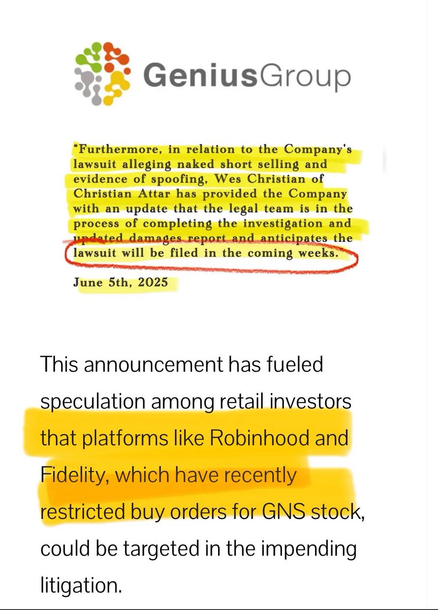 xMarketNews's tweet photo. BREAKING🚨 Robinhood &amp; Fidelity Now Becomes Center of Allegations in Illegal Naked Short Selling 

Robinhood and Fidelity Halt Buy Orders for Genius Group as Company Prepares Naked Short Selling Lawsuit $GNS https://t.co/7K2GKsZh61