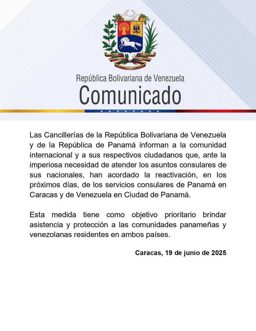 #Comunicado 📢 Las Cancillerías de Venezuela y de Panamá informan a sus respectivos ciudadanos que, ante la imperiosa necesidad de atender los asuntos consulares de sus nacionales, han acordado la reactivación, de los servicios consulares en ambas capitales.