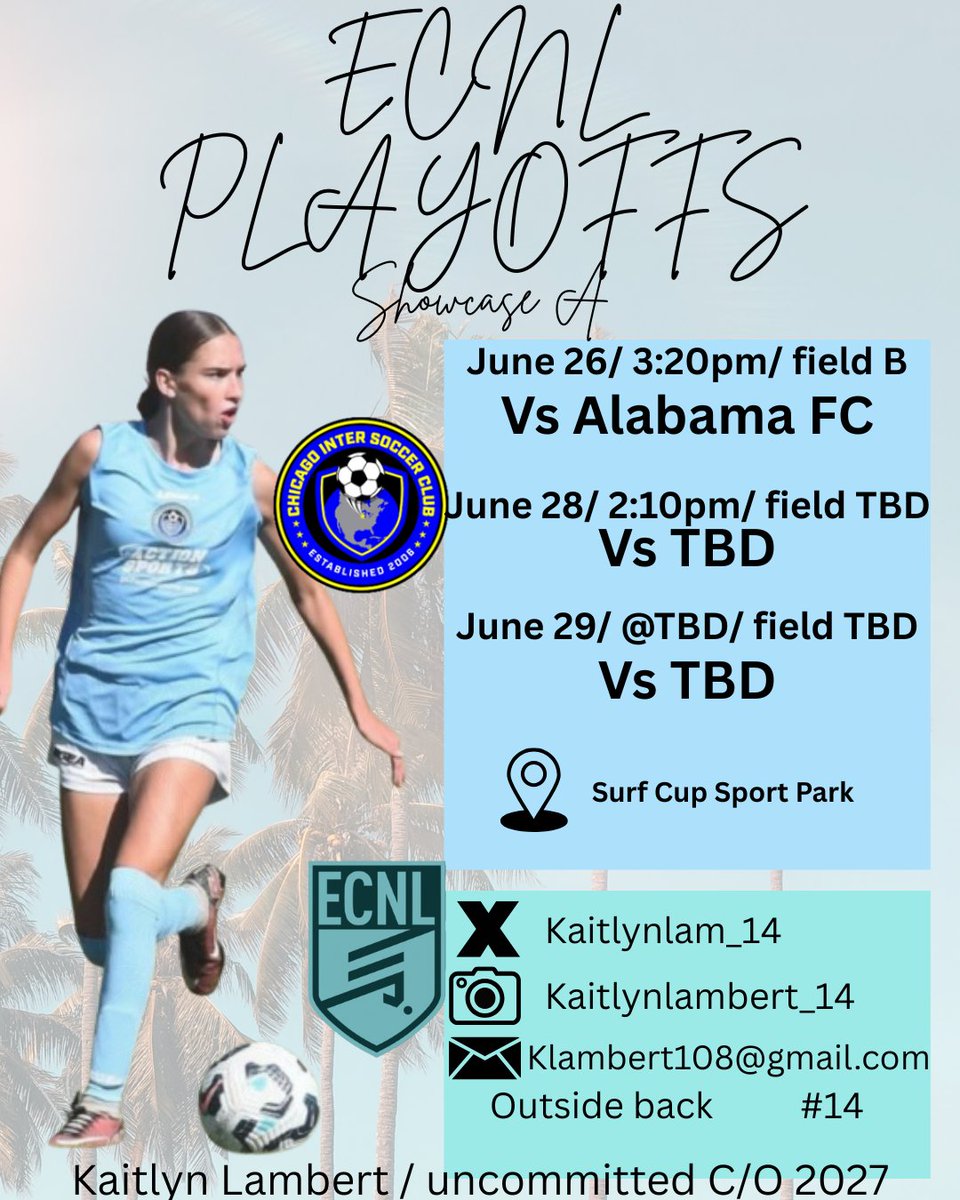 Kaitlyn Lambert (@kaitlynlam_14) on Twitter photo So excited to be attending ECNL National Playoffs in San Diego! This is my schedule as of right now. Hope to see you there!
<a href="/prep_soccer/">prep school soccer</a> @chicagointer2009ecnl @chicagointersoccer <a href="/soccerwire/">soccerwire</a> @ecnlgirls @imyouthsoccer @soccergrlprobs So excited to be attending ECNL National Playoffs in San Diego! This is my schedule as of right now. Hope to see you there!
<a href="/prep_soccer/">prep school soccer</a> @chicagointer2009ecnl @chicagointersoccer <a href="/soccerwire/">soccerwire</a> @ecnlgirls @imyouthsoccer @soccergrlprobs