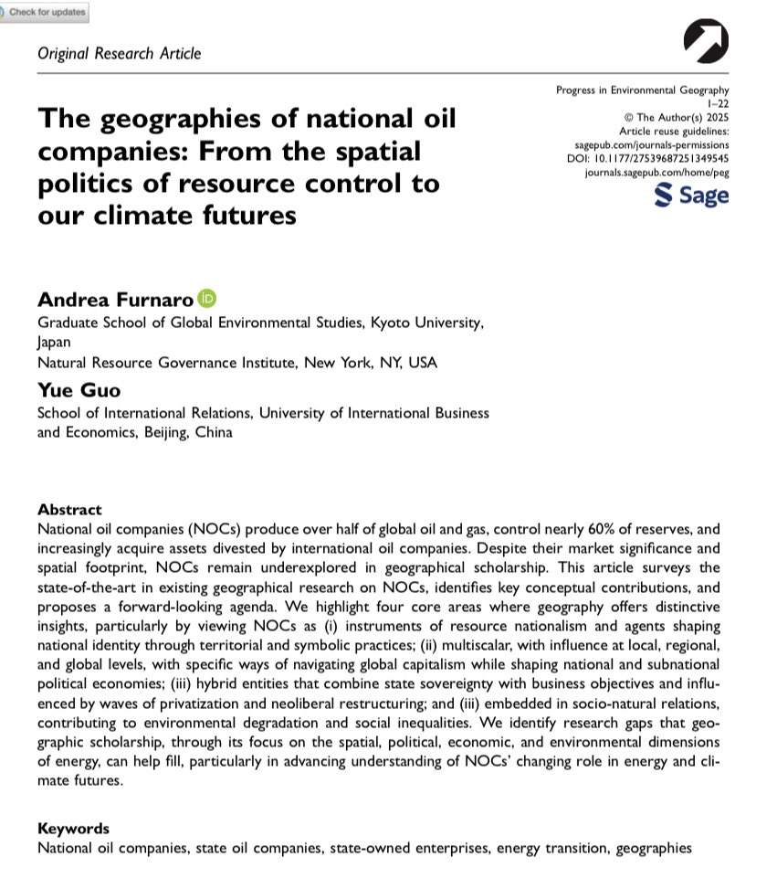 📢 In this collaboration with <a href="/YueGuo_EGeo/">Yue Guo</a>, we review how geographers have engaged with national oil companies and make the case for deeper, more explicit engagement. A call to open up new debates in energy, economic &amp; political geography.

journals.sagepub.com/doi/10.1177/27…