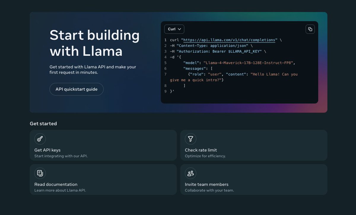 About to see if the Llama API is clean:

→ 🧠 Chat completion
→ 🖼️ Image understanding
→ 🛠️ Tool calling + JSON output
→ 🔒 Built-in moderation
→ ⚡ Accelerated inference
→ 🧬 Fine-tuning support

Meta hosts the infra.
You just build.
#AI #Llama #DevTools #MetaAI