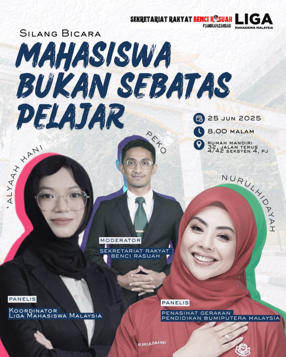Perjuangan mahasiswa tidak akan terhenti!

Seruan kepada seluruh  rakyat Malaysia!
Semarakkan api perlawanan bersama wacana kritis soal kebebasan akademik dan autonomi mahasiswa.

Tarikh: 25 Jun 2025 (Rabu)
Masa: 8:30 malam
Tempat: Rumah MANDIRI Petaling Jaya

Hidup Mahasiswa!