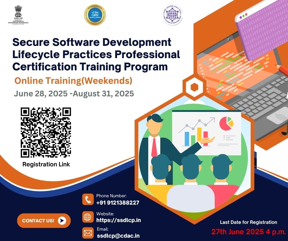 C-DAC India (@cdacindia) on Twitter photo Harness the power of secure software development! 🚀
<a href="/cdacindia/">C-DAC India</a> Hyderabad & <a href="/IIT_Bhilai/">IIT Bhilai</a> present a 40-Hour SSDLC Professional Certificate Program (Online | Weekends)
🗓 June 28 - August 31, 2025
⏳ Register by June 27, 4 PM
Details 👉 ssdlcp.in
#CyberSecurity Harness the power of secure software development! 🚀
<a href="/cdacindia/">C-DAC India</a> Hyderabad & <a href="/IIT_Bhilai/">IIT Bhilai</a> present a 40-Hour SSDLC Professional Certificate Program (Online | Weekends)
🗓 June 28 - August 31, 2025
⏳ Register by June 27, 4 PM
Details 👉 ssdlcp.in
#CyberSecurity