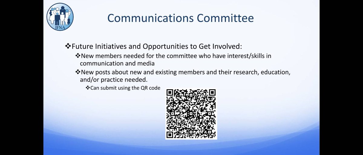 IntlFamNursingAssoc (@ifnaorg) on Twitter photo Calling all IFNA members!
The Communications Committee is looking for new members with an interest or skills in communication and media.
Share your story or get involved using the QR code below!
#IFNA #FamilyNursing
<a href="/Junko_H/">Junko H., RN, PhD, MBA, CTN-A</a> <a href="/PetraBrysiewicz/">Petra Brysiewicz</a> <a href="/AprilKapu/">April Kapu, DNP, ACNP-BC</a>
docs.google.com/forms/d/e/1FAI… Calling all IFNA members!
The Communications Committee is looking for new members with an interest or skills in communication and media.
Share your story or get involved using the QR code below!
#IFNA #FamilyNursing
<a href="/Junko_H/">Junko H., RN, PhD, MBA, CTN-A</a> <a href="/PetraBrysiewicz/">Petra Brysiewicz</a> <a href="/AprilKapu/">April Kapu, DNP, ACNP-BC</a>
docs.google.com/forms/d/e/1FAI…