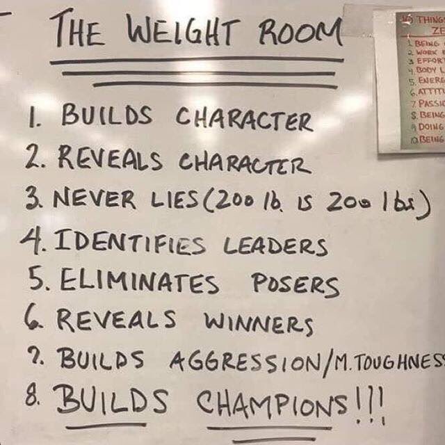 Love this! The weight room is so much more than just lifting weights. It’s a toughness chamber! 
On a side note: get powerful, explosive &amp; strong...but also be sure to maintain flexibility...stretch with purpose often. Range of motion is critical in baseball.