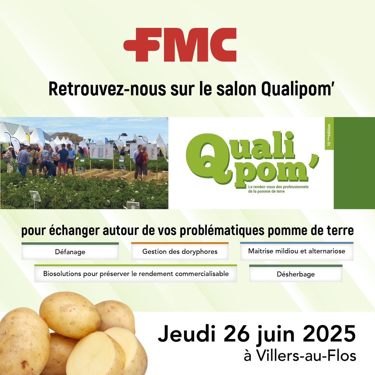 Rendez-vous jeudi prochain à #Qualipom 🥔 

🤝 Echanger avec nos équipes autour des solutions de protection de la pomme de terre, mais pas que ! 

📍 Stand 224
🕰️ De 9h à 18h

Vous serez là ? 😃