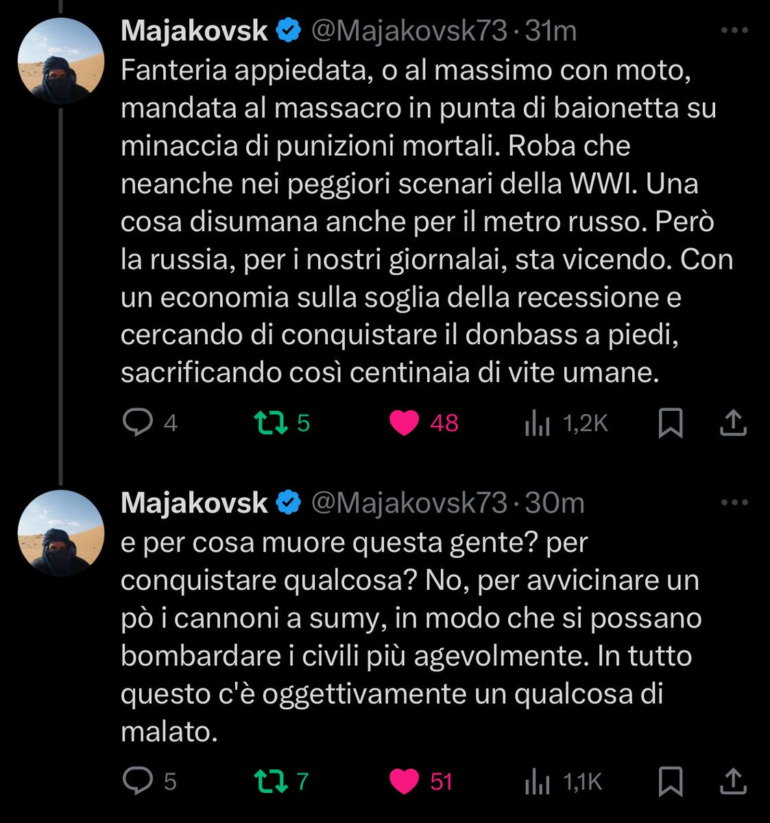 L’ho appena ripostato, ma lo ripeto di nuovo. Il “secondo esercito al mondo” è ridotto in queste condizioni. Putin sta mandando i suoi soldati a morire per conquistare pochi km al giorno senza alcuna concreta possibilità di vittoria all’orizzonte.