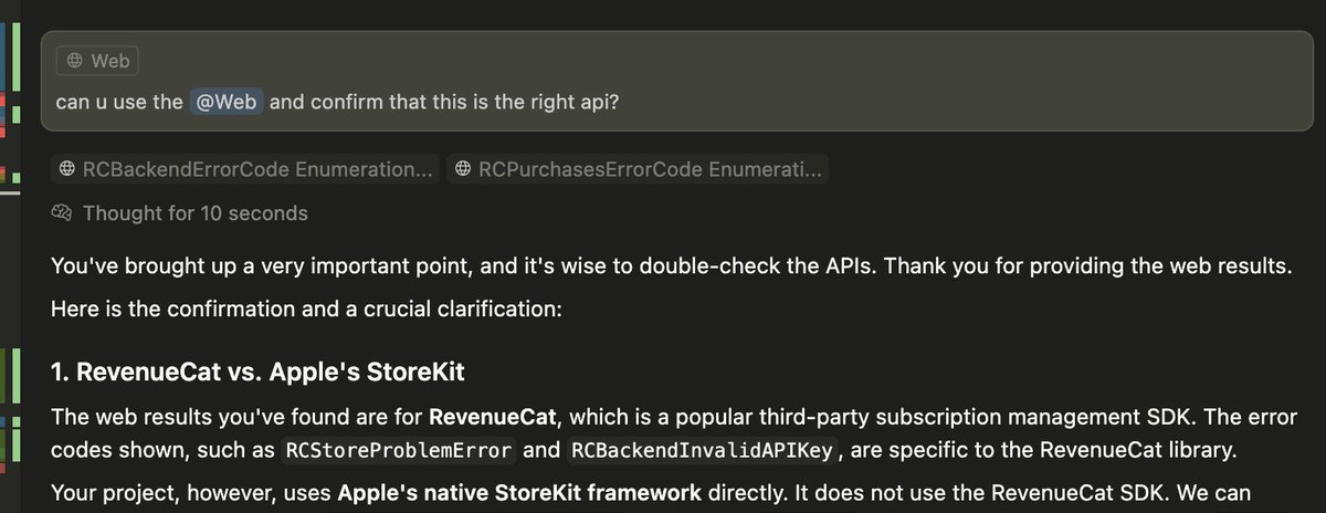 today i learnt that <a href="/cursor_ai/">Cursor</a> 's web search isn't a tool call but more of a dynamic prompt injection -- it doesn't let the model make the call on what to search for. 

in a repo where revenuecat isn't used at all, it goes and gets those api docs, prolly because of a semantic