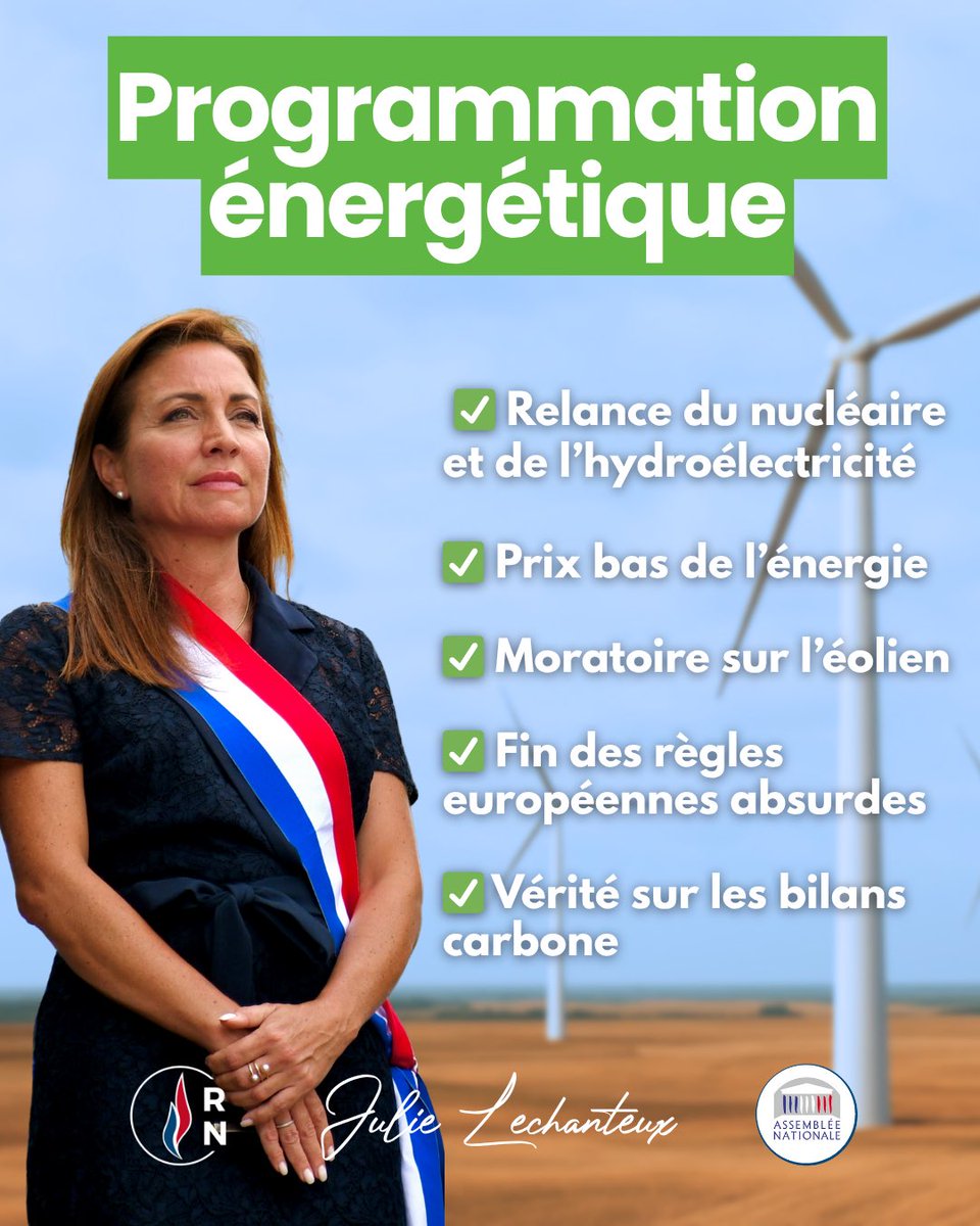 Julie Lechanteux (@jlechanteux) on Twitter photo Victoire du <a href="/groupeRN_off/">Groupe Rassemblement National</a> à l’Assemblée !
✅ Relance du nucléaire et de l’hydroélectricité
✅ Prix bas de l’énergie
✅ Moratoire sur l’éolien
✅ Fin des règles européennes absurdes
✅ Vérité sur les bilans carbone
🎯 Fidèles aux promesses de <a href="/MLP_officiel/">Marine Le Pen</a>, le <a href="/RNational_off/">Rassemblement National</a> Victoire du <a href="/groupeRN_off/">Groupe Rassemblement National</a> à l’Assemblée !
✅ Relance du nucléaire et de l’hydroélectricité
✅ Prix bas de l’énergie
✅ Moratoire sur l’éolien
✅ Fin des règles européennes absurdes
✅ Vérité sur les bilans carbone
🎯 Fidèles aux promesses de <a href="/MLP_officiel/">Marine Le Pen</a>, le <a href="/RNational_off/">Rassemblement National</a>
