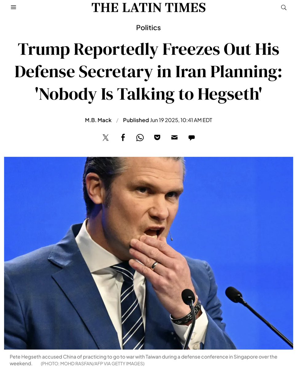 🇺🇸 Назначенцы Трампа оказались такими же некомпетентными, как и он сам — и вот к чему это привело. Министр обороны Пит Хегсет фактически отстранён от принятия решений на фоне возможной атаки США на Иран. Его исключили из всех ключевых совещаний после утечки секретной информации в