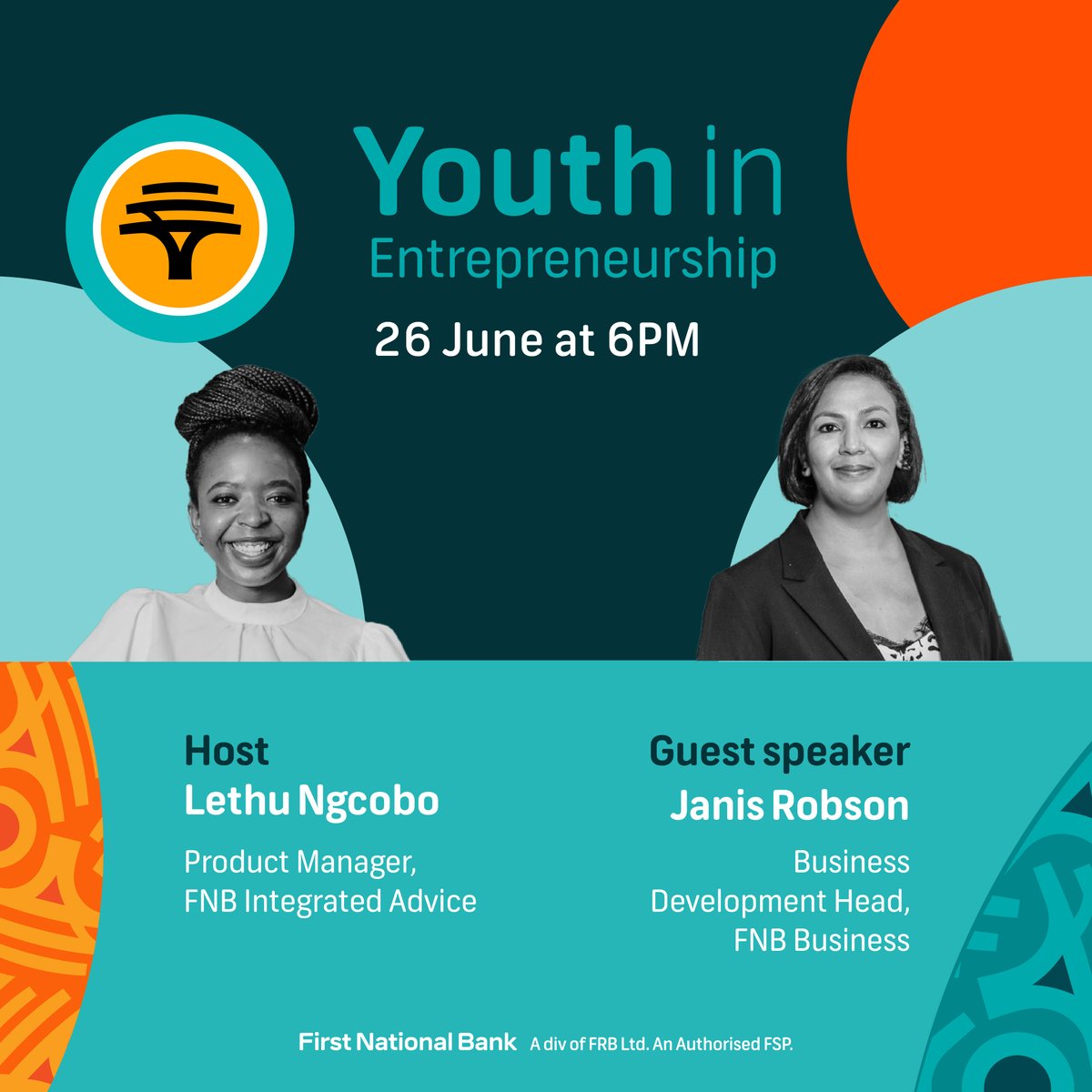 FNBSA's tweet photo. To the current and future entrepreneurs, we got something cooking for you. Pull up to #FNBSpaces on 26 June at 6pm for a 🔥 convo on youth and entrepreneurship — we’re talking real talk on how we can make smart business moves.  Set your reminders below👇 #ChangeNeedsYouth https://t.co/2kNUspLmdy