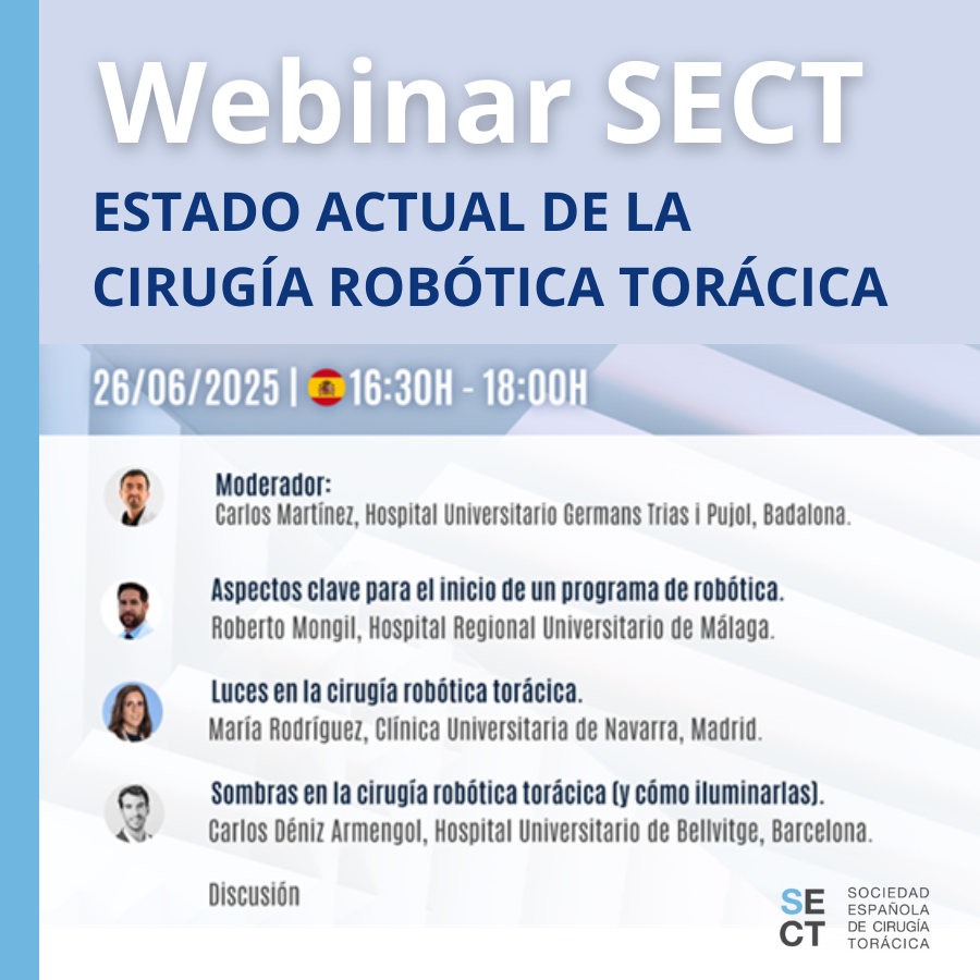 🔴 WEBINAR SECT | 26 de junio de 2025 - 16:30h

La SECT te invita al próximo webinar titulado: "Estado actual de la Cirugía Robótica Torácica"

Una oportunidad única para conocer los avances más recientes en esta técnica quirúrgica de la mano de expertos en la materia.

📅 Fecha: